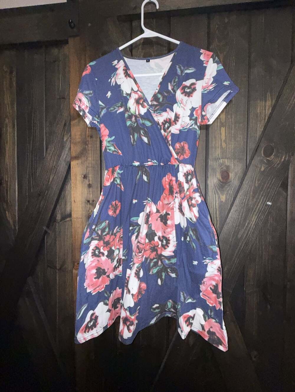 OUGES Floral V-Neck Summer Dress Size s Blue Pink Pockets